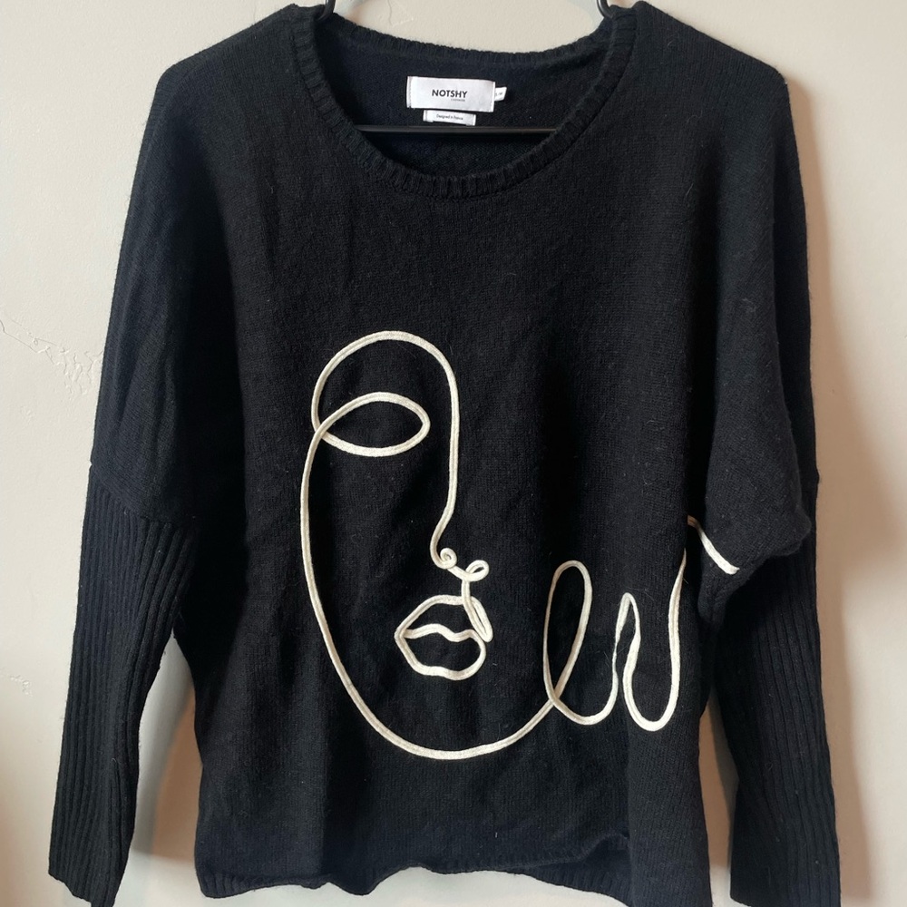 Designer Notshy Wool/Cashmere Sweater with Line Art Design, Size Small/Medium